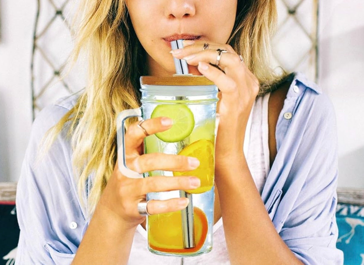 Glass tumbler with Bamboo lid and straws, 24oz