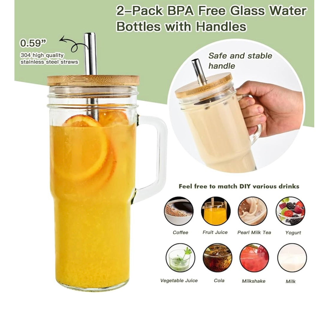 Glass tumbler with Bamboo lid and straws, 24oz